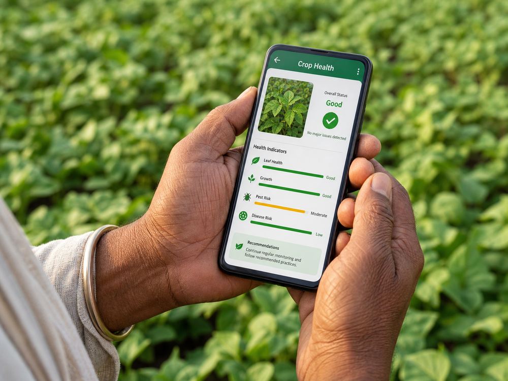Multilingual crop report shown on a phone