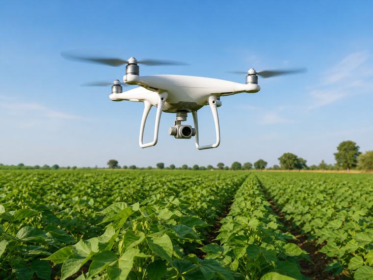 Drone surveying a farm field