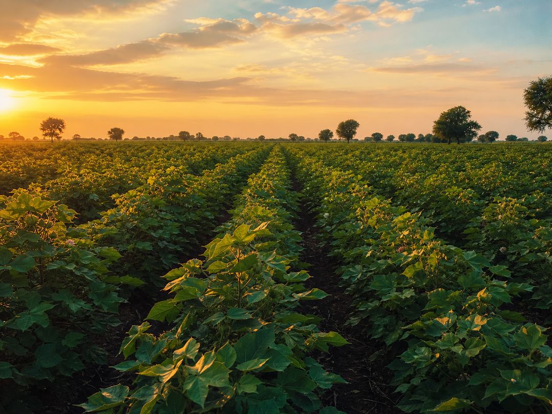 AI crop scan of a healthy cotton field at sunset